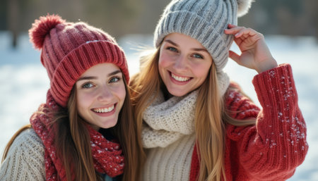 These two friends, bundled in warm hats and scarves, radiate joy against a picturesque winter backdrop. Their laughter and warmth create a heartwarming scene, inviting viewers to embrace the beauty of friendship and the magic of winter.の素材
