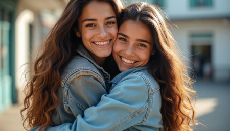 This heartwarming image captures two young women with long, flowing hair, joyfully embracing in a sunlit outdoor setting. Their denim jackets and bright smiles radiate warmth and friendship, creating an inviting atmosphere filled with love and connection.の素材