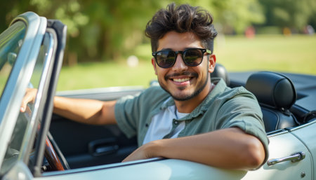 A cheerful young man with curly hair and stylish sunglasses leans out of a classic convertible, radiating joy and confidence. The lush green park backdrop enhances the carefree vibe, making it a perfect moment of summer bliss and adventure.の素材