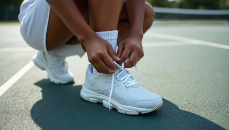 A focused athletic woman crouches down to tie her white sneakers, ready for an energetic game on the tennis court. The vibrant green surface and bright sunlight create an invigorating atmosphere, highlighting her dedication and sporty spirit.の素材