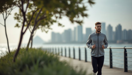 A determined man in athletic wear jogs along a scenic waterfront path, framed by lush greenery and a stunning city skyline. The image captures the essence of an active lifestyle, showcasing the harmony between nature and urban life as the sun casts a warm glow over the scene.の素材