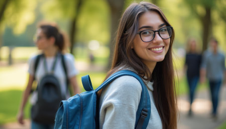 A young woman with long hair and glasses beams with joy as she walks through a sunlit park, her backpack slung casually over one shoulder. The vibrant greenery and blurred figures of fellow students in the background create a lively atmosphere of friendship and academic life.の素材