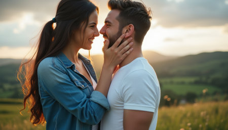 A joyful couple stands close together in a lush green field, their faces illuminated by the warm glow of the setting sun. Their intimate gaze and gentle touch convey deep affection, capturing the essence of love and connection in a picturesque landscape.の素材