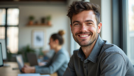 A confident young man with a warm smile sits at a stylish desk in a contemporary office, radiating positivity. In the background, a focused woman works on her laptop, creating a vibrant atmosphere of collaboration and productivity.の素材