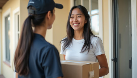 A cheerful young woman with long dark hair is joyfully receiving a package from a delivery person at her home. The warm interaction highlights the excitement of receiving a delivery, showcasing a moment of connection and service.の素材