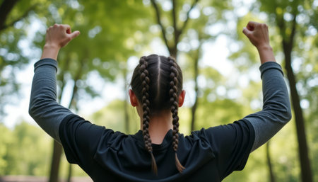 A determined woman with braided hair raises her arms triumphantly against a lush green forest backdrop. This powerful image captures the essence of achievement and resilience, inspiring viewers to embrace their own victories.の素材