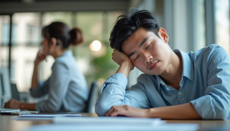 In a contemporary office setting, a young Asian man appears to be resting his head on his hand, showcasing a moment of fatigue. Behind him, a focused woman in a gray blazer is deep in thought, creating a contrast between her concentration and his weariness, highlighting the challenges of a busy work environment.の素材