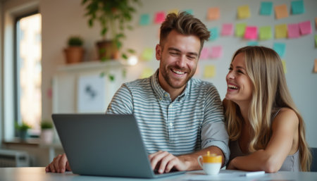 A cheerful young couple, a man and a woman, are seated at a bright workspace, sharing a light-hearted moment as they engage with a laptop. Their smiles radiate warmth and connection, creating an inviting atmosphere filled with creativity and collaboration.の素材