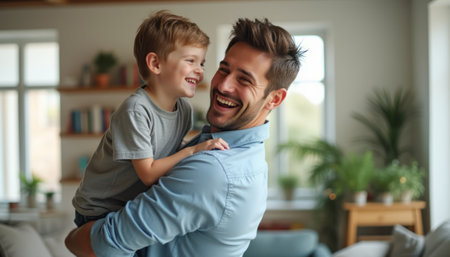 A cheerful father lifts his delighted young son in a bright, inviting living room filled with greenery. Their infectious laughter and warm expressions create a heartwarming scene of love and connection, showcasing the joy of family moments.の素材