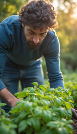 A focused man with curly hair and a beard tends to lush basil plants, surrounded by the warm glow of sunlight filtering through trees. This serene moment captures the essence of gardening, showcasing the connection between nature and nurturing, as he lovingly cares for his green companions.の素材