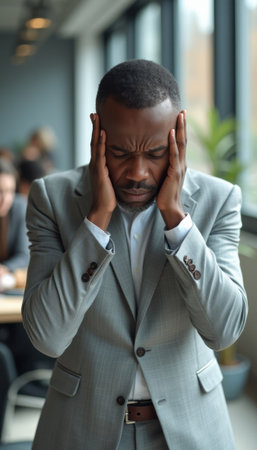A distressed African American man in a tailored gray suit clutches his head, conveying deep frustration in a contemporary office setting. The image captures the weight of stress and pressure in a professional environment, highlighting the emotional toll of workplace challenges.の素材