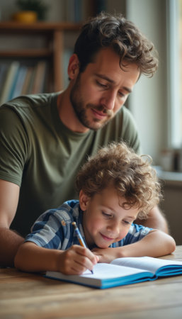 A loving father watches his young son intently as he writes in a notebook, creating a heartwarming scene of connection and education. The cozy atmosphere, filled with natural light, highlights the bond between them, showcasing the joy of learning and the importance of parental support.の素材