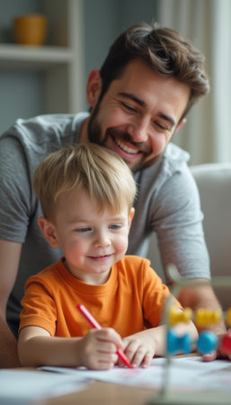 A cheerful young boy in an orange shirt is happily drawing with a red pencil, while his smiling father watches lovingly from behind. This heartwarming scene captures the essence of family connection and creativity, showcasing the joy of shared moments in a cozy, sunlit room.の素材