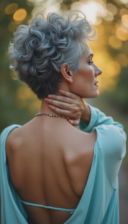 A stunning profile of a woman with short, curly silver hair showcases her graceful neck and bare back, illuminated by soft, golden light. This captivating image exudes confidence and beauty, inviting viewers to appreciate the elegance of simplicity and the allure of natural beauty.の素材