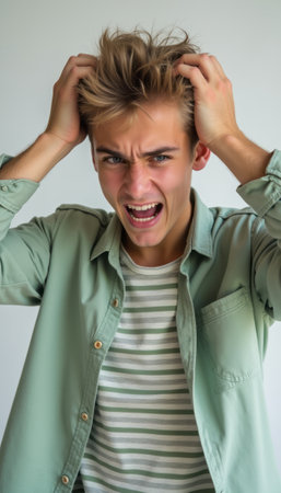 A young man with tousled blond hair is gripping his head in frustration, his face contorted in a mix of anger and despair. This striking image captures the raw intensity of human emotion, showcasing the struggles of youth and the overwhelming pressures of modern life.の素材
