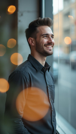 A cheerful young man stands by a window, smiling brightly as he gazes outside, surrounded by soft, glowing bokeh lights. This captivating image radiates warmth and positivity, capturing a moment of reflection and joy in a cozy urban setting.の素材