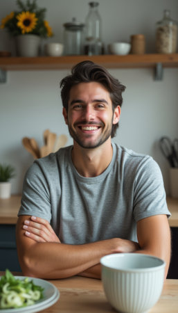 A joyful young man with a warm smile sits confidently in a bright kitchen, exuding happiness and positivity. Surrounded by fresh ingredients and a welcoming atmosphere, he embodies the spirit of healthy living and culinary creativity.の素材