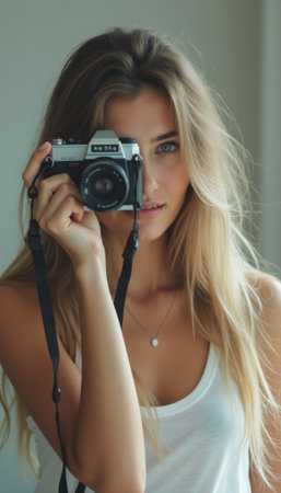 A stunning young woman with long, flowing hair holds a classic camera up to her face, exuding confidence and creativity. Her captivating blue eyes and soft smile invite viewers into her world of graphy, where every click tells a unique story.の素材