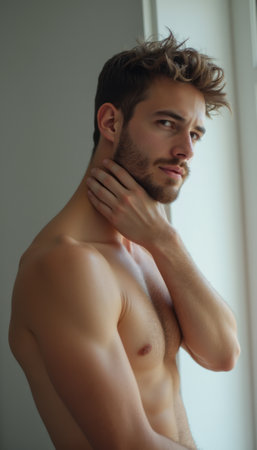A handsome young man with a chiseled physique and tousled hair gazes pensively out of a sunlit window. His confident pose, with one hand gently touching his neck, exudes a blend of vulnerability and strength, capturing a moment of introspection.の素材