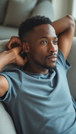 A contemplative young Black man lounges comfortably on a soft couch, his hands resting behind his head. His serene expression reflects deep thoughts, inviting viewers to ponder the beauty of relaxation and introspection.の素材