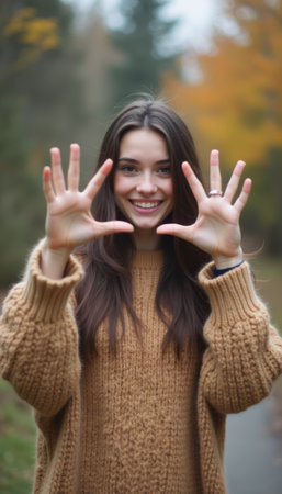 A joyful young woman with long, flowing hair smiles brightly while playfully displaying her ten fingers against a backdrop of vibrant autumn foliage. Her warm, knitted sweater complements the seasonal colors, creating a cozy and inviting atmosphere that radiates happiness and connection with nature.の素材