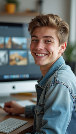 A bright and cheerful young man with tousled hair beams at the camera while seated at a desk, engaged with his computer. His denim jacket adds a casual vibe to the scene, reflecting a modern workspace filled with creativity and positivity.の素材
