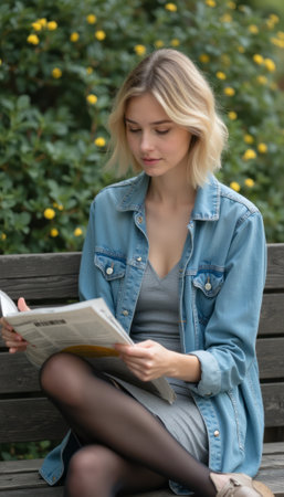 A serene young woman with blonde hair sits comfortably on a wooden bench, engrossed in reading a newspaper amidst lush green foliage. The scene radiates tranquility and a love for leisurely moments, inviting viewers to appreciate the simple joys of life.の素材