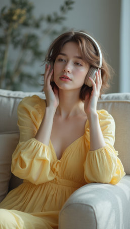 A serene young woman in a flowing yellow dress sits comfortably on a plush sofa, lost in the soothing melodies of her headphones. The soft natural light streaming through the window enhances the peaceful ambiance, creating a moment of pure relaxation and joy.の素材