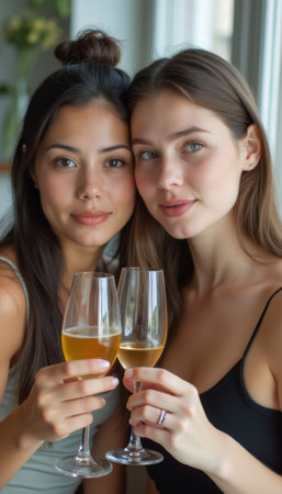 This heartwarming image captures two young women, one with dark hair and the other with light hair, celebrating together with sparkling drinks. Their radiant smiles and close proximity convey a sense of friendship and joy, making this scene perfect for themes of celebration and connection.の素材