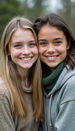 This heartwarming image captures two smiling young women, one with long blonde hair and the other with dark, wavy hair, standing close together in a vibrant outdoor environment. Their genuine smiles radiate happiness and friendship, showcasing the beauty of connection and shared moments in nature.の素材