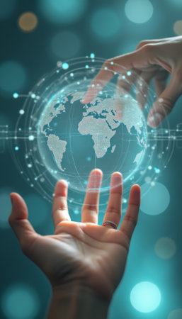 Two hands, one light and one dark, are poised to touch a luminous globe, symbolizing global connection and unity. This captivating image evokes a sense of wonder and collaboration, highlighting the importance of togetherness in our interconnected world.の素材