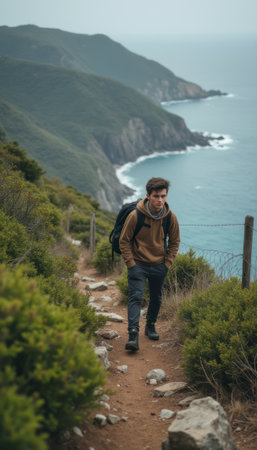 A determined young man in a brown hoodie walks along a rocky path, surrounded by lush greenery and breathtaking cliffs. The tranquil ocean waves crash against the shore, creating a serene backdrop that invites adventure and exploration.の素材