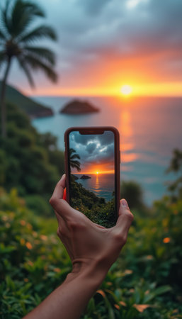 A hand holds a smartphone displaying a stunning sunset over the ocean, framed by lush greenery and palm trees. This captivating image beautifully contrasts technology and nature, inviting viewers to appreciate the serene beauty of the moment.の素材
