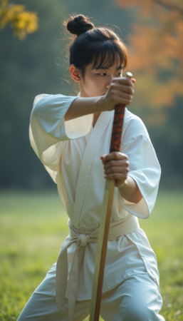 A focused young girl in a white martial arts uniform grips a wooden sword, embodying strength and determination. The soft sunlight filters through the trees, creating a tranquil atmosphere that enhances her concentration and dedication to her craft.の素材