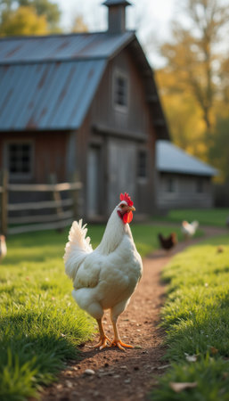 A striking white chicken stands confidently on a dirt path, surrounded by lush green grass and a rustic barn in the background. This charming scene captures the essence of farm life, evoking feelings of tranquility and simplicity in nature.の素材