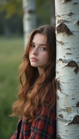 A contemplative young woman with long, flowing hair leans gently against a birch tree, surrounded by lush greenery. Her soft expression and the natural backdrop evoke a sense of peace and introspection, inviting viewers to connect with the beauty of nature and self-reflection.の素材
