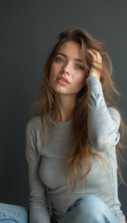 A stunning young woman with long, wavy hair gently touches her hair while gazing thoughtfully at the camera. Her natural beauty radiates warmth and confidence, set against a muted gray background that enhances her serene expression.の素材