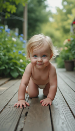 A charming baby with bright blue eyes and tousled blonde hair crawls playfully on a rustic wooden deck, framed by lush greenery and colorful flowers. This delightful scene captures the innocence and curiosity of childhood, evoking feelings of joy and warmth in a serene outdoor setting.の素材