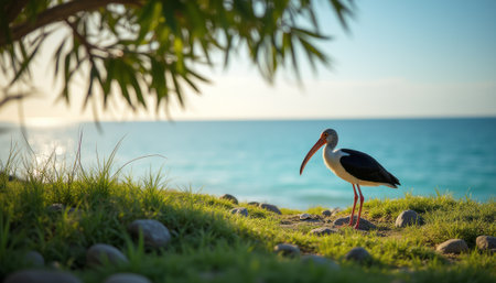 A striking bird with a long beak stands gracefully on lush green grass, overlooking a serene ocean. The tranquil scene captures the essence of natures beauty, with soft sunlight illuminating the landscape and creating a peaceful atmosphere.の素材
