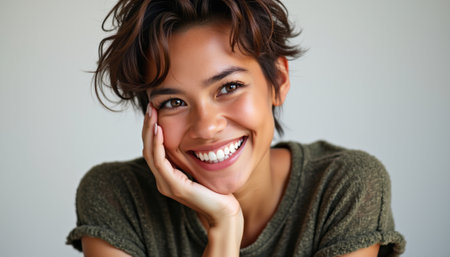 A cheerful young woman with tousled hair beams with happiness, resting her chin on her hand against a soft, neutral background. Her bright smile radiates warmth and positivity, inviting viewers to share in her joyful moment.の素材