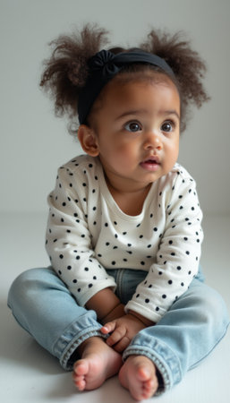 This charming image features a sweet baby girl with curly hair styled in playful pigtails, wearing a polka dot shirt and denim jeans. Her wide, curious eyes and gentle expression radiate innocence and joy, capturing the essence of childhood wonder.の素材
