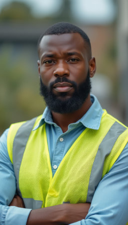 A focused Black man stands confidently with his arms crossed, wearing a bright yellow safety vest over a blue shirt. His serious expression conveys determination and professionalism, embodying the spirit of hard work and dedication in a construction or industrial setting.の素材