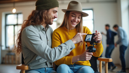 A cheerful couple sits closely together, sharing laughter as they review s on a camera in a cozy, well-lit space. Their warm expressions and relaxed attire create an inviting atmosphere, highlighting the joy of shared experiences and creativity.の素材