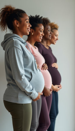 This heartwarming image features four diverse pregnant women, each proudly cradling their baby bumps in a line. Their joyful expressions and varying skin tones celebrate motherhood and the beauty of life, radiating warmth and connectionの素材