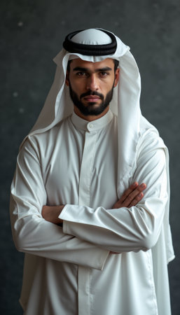 A striking portrait of a confident Emirati man dressed in traditional white attire, exuding strength and poise. His serious expression and crossed arms convey a sense of determination and cultural pride, set against a muted gray background that enhances the focus on his dignified presenceの素材
