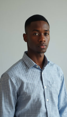 A poised young Black man stands against a soft gray background, exuding confidence and sophistication. His sharp features and neatly styled hair complement the classic checkered shirt, making this image perfect for professional or personal brandingの素材