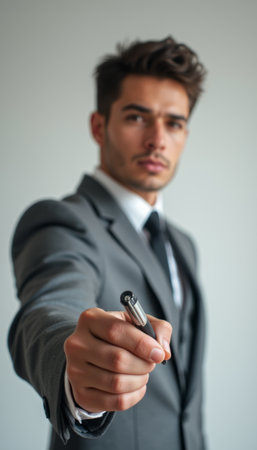 A sharply dressed young man in a tailored suit confidently extends a pen towards the viewer, exuding professionalism and authority. His focused expression and poised stance suggest he is ready to seal a deal or make an important point, embodying ambition and determinationの素材