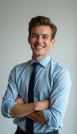 A cheerful young man in a light blue shirt and dark tie stands confidently with his arms crossed, exuding professionalism and approachability. His bright smile and relaxed posture create an inviting atmosphere, perfect for conveying positivity and success in a corporate settingの素材