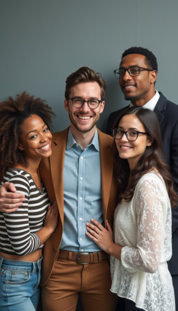 A vibrant group of four friends, two men and two women, radiates joy as they pose together against a sleek gray backdrop. Their diverse styles and warm smiles create an inviting atmosphere, celebrating friendship and connection in a modern environmentの素材