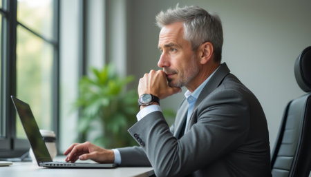 Thoughtful businessman working on laptop in modern officeの素材